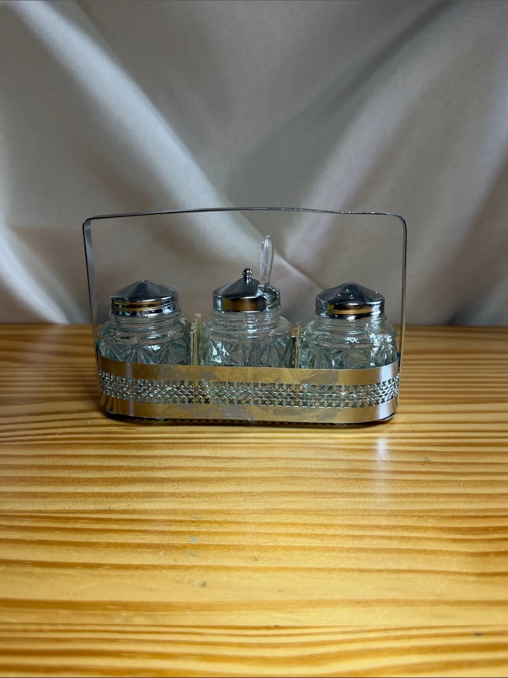 Vintage 4-Piece Cut Glass Condiment Set with Silver Tone Caddy Chrome Basket